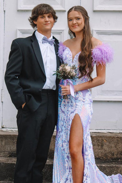 Lavender Mermaid V Neck Sequin Lace Long Prom Evening Dresses with Feather VK23090910