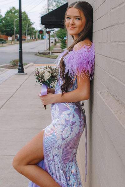Lavender Mermaid V Neck Sequin Lace Long Prom Evening Dresses with Feather VK23090910