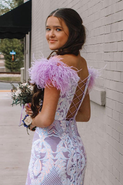 Lavender Mermaid V Neck Sequin Lace Long Prom Evening Dresses with Feather VK23090910