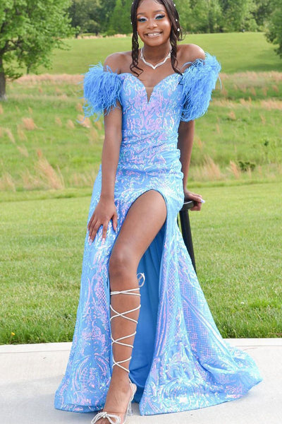Lavender Mermaid V Neck Sequin Lace Long Prom Evening Dresses with Feather VK23090910