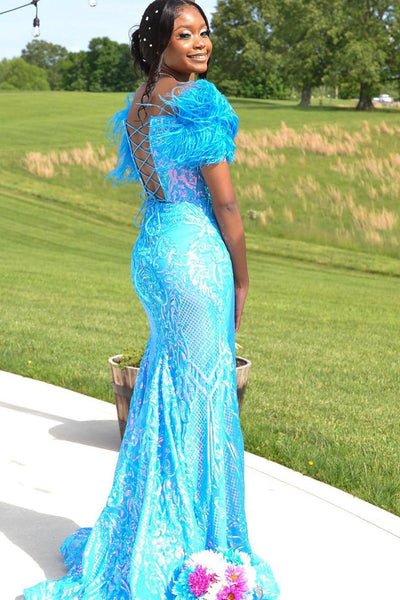 Lavender Mermaid V Neck Sequin Lace Long Prom Evening Dresses with Feather VK23090910