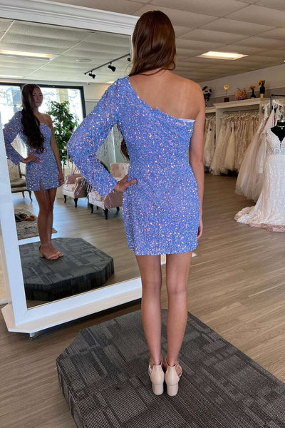 Lavender Sequin One Sleeve Fringe Short Homecoming Dress VK23092107-2
