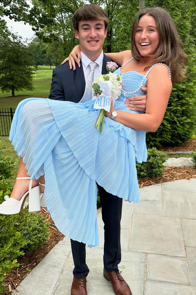 Light Blue Pleated Tiered Long Dress with Pearls