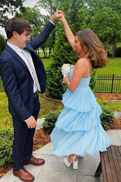 Light Blue Pleated Tiered Long Dress with Pearls