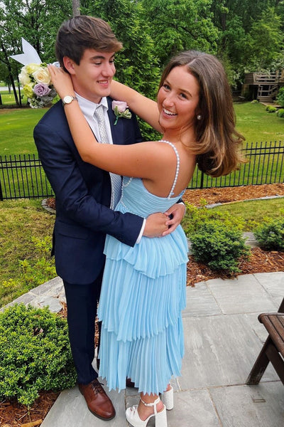 Light Blue Pleated Tiered Long Dress with Pearls