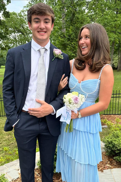 Light Blue Pleated Tiered Long Dress with Pearls
