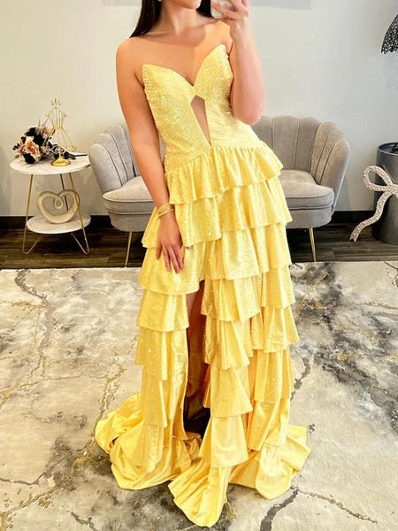 Light Pink Strapless Shimmer Tiered Ruffle Long Prom Dress with Slit
