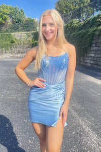 Light Blue Beads Strapless Tight Short Homecoimg Dresses VK24083107