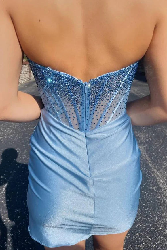 Light Blue Beads Strapless Tight Short Homecoimg Dresses