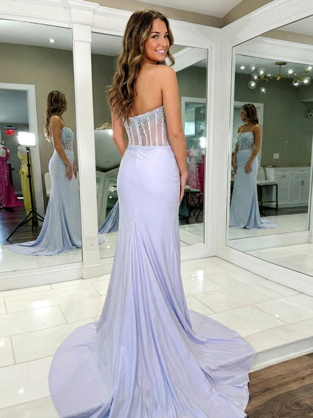 Light Blue Pearl Beaded Corset Satin Prom Dress with Slit VK26031519