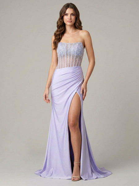 Light Blue Pearl Beaded Corset Satin Prom Dress with Slit