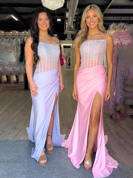 Light Blue Pearl Beaded Corset Satin Prom Dress with Slit VK26031519