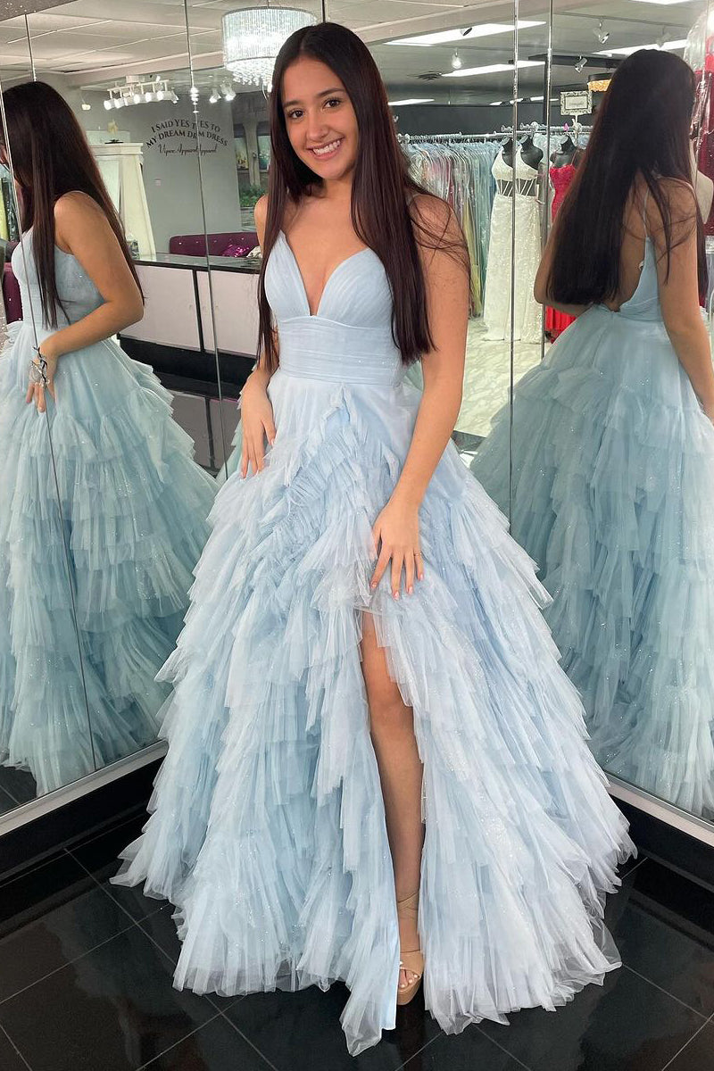 Light Blue Spaghetti Straps Tiered Tulle Long Prom Dresses VK23121405