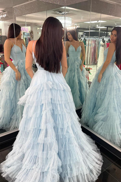 Light Blue Spaghetti Straps Tiered Tulle Long Prom Dresses VK23121405