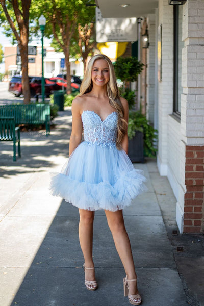 Light Blue Sweetheart Ruffle Tulle Short Homecoming Dress with Appliques VK24090502