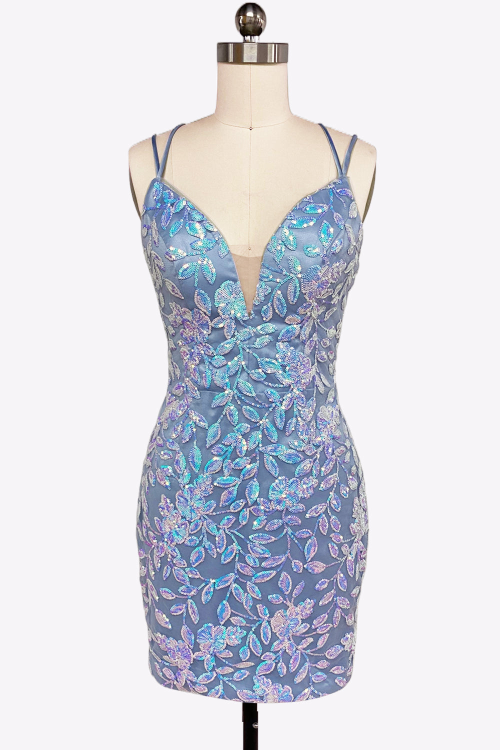 Light Blue V Neck Sequins Lace Short Tight Homecoming Dresses VK081405