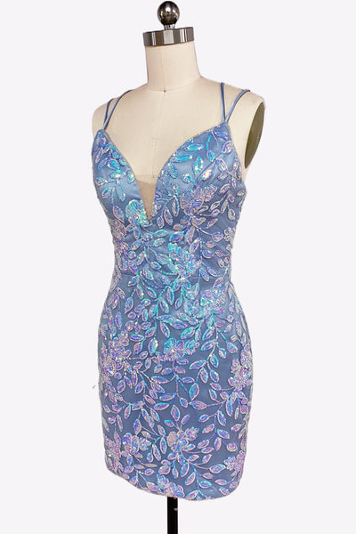 Light Blue V Neck Sequins Lace Short Tight Homecoming Dresses VK081405