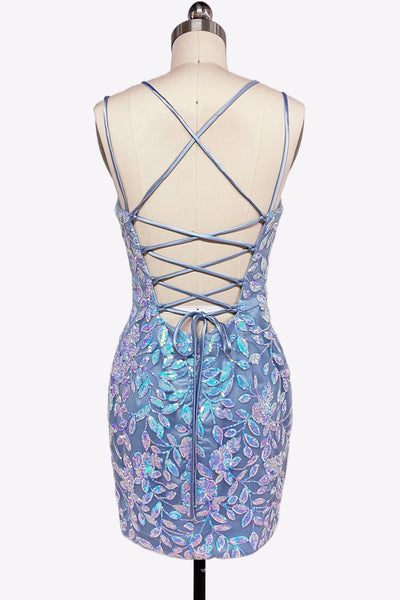Light Blue V Neck Sequins Lace Short Tight Homecoming Dresses VK081405