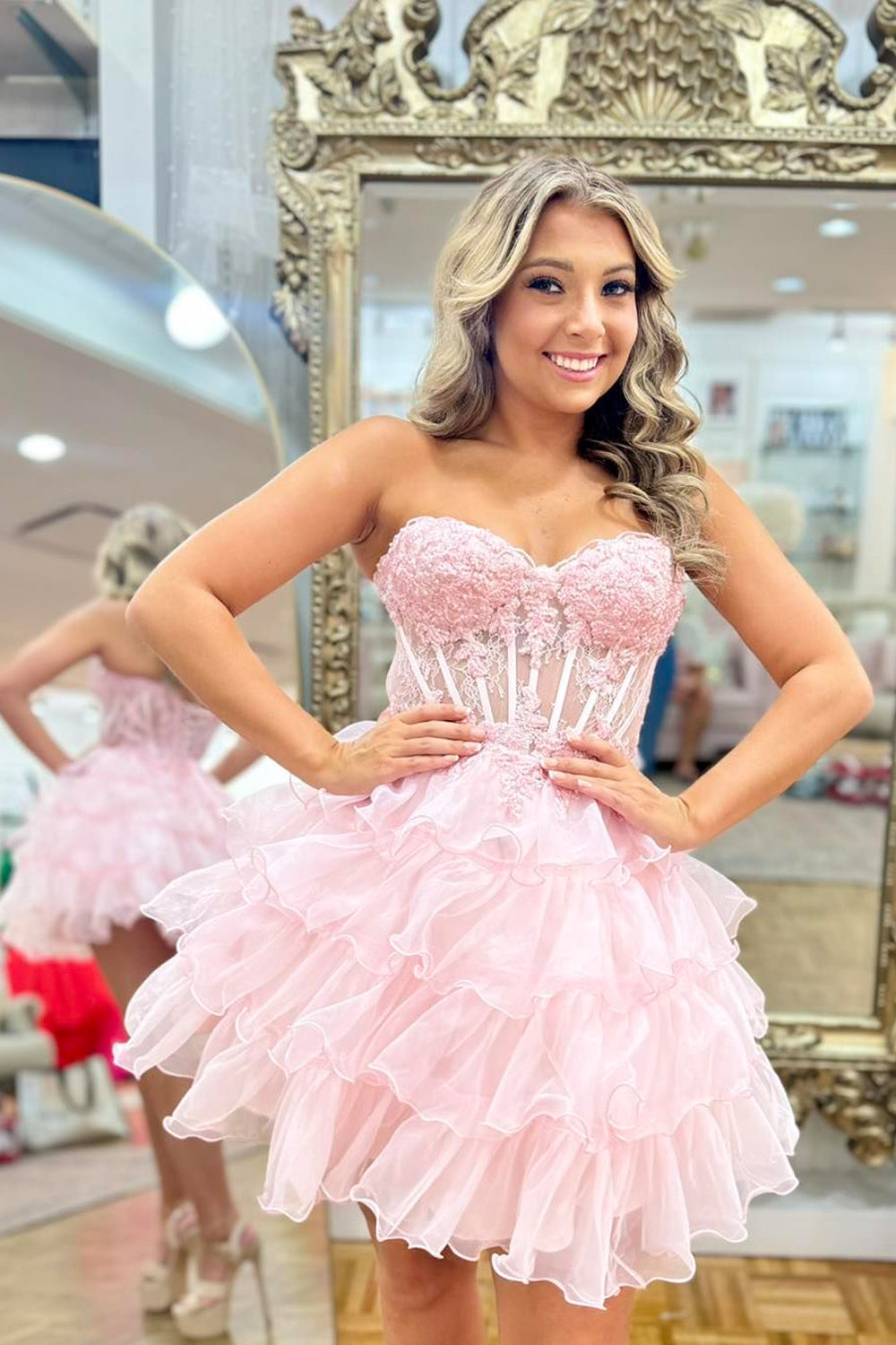 Light Pink Ruffle Tiered A-Line Short Homecoming Dresses with Appliques VK24081308
