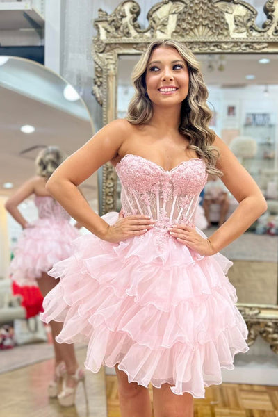 Light Pink Ruffle Tiered A-Line Short Homecoming Dresses with Appliques VK24081308