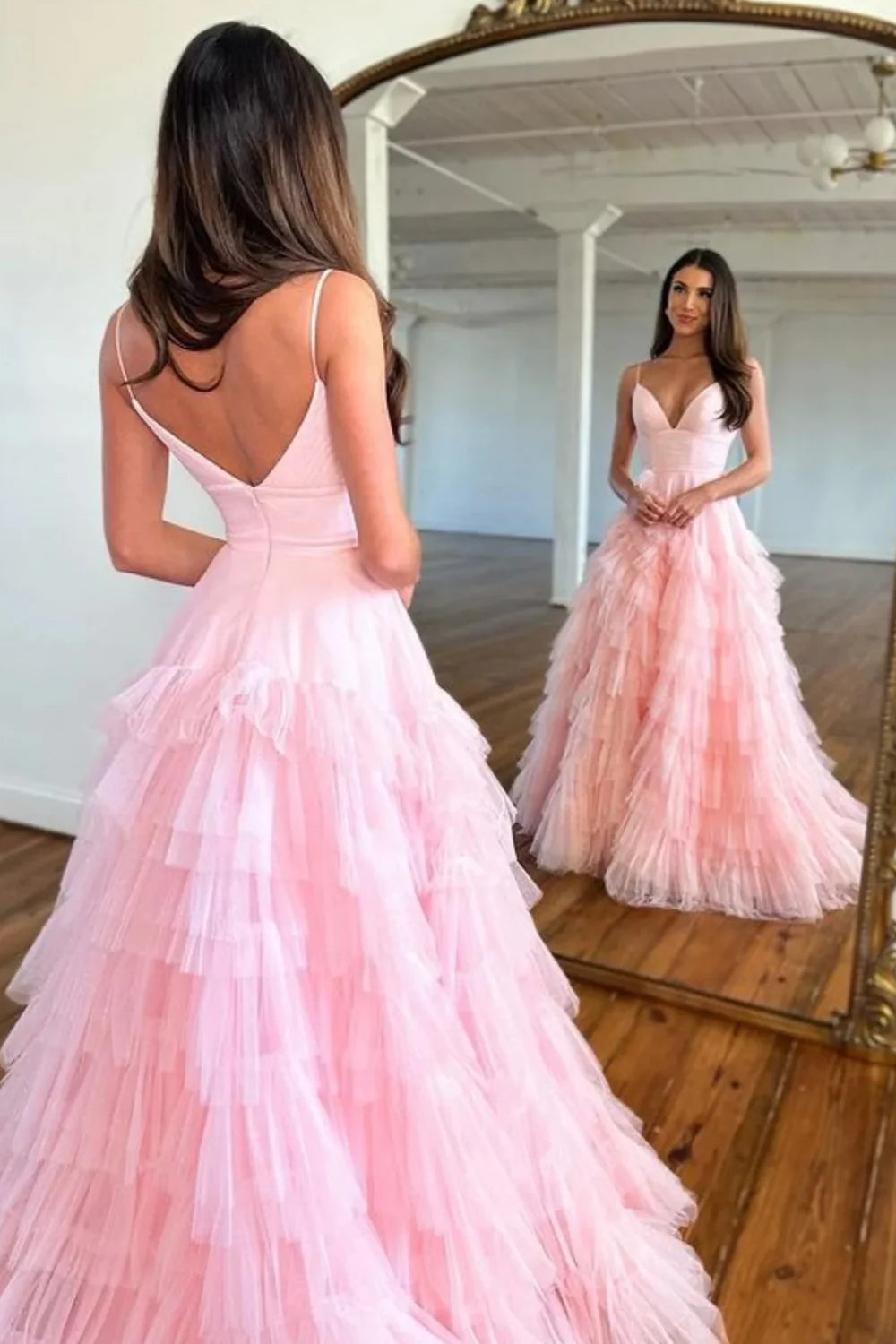 Light Pink Tulle Tiered A-Line Long Prom Dress VK23101406 – Vickidress