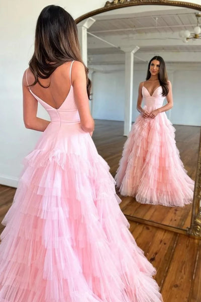 Light Pink Tulle Tiered A-Line Long Prom Dress VK23101406