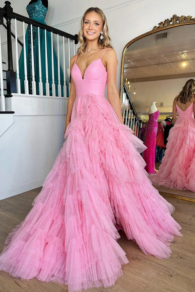 Light Pink Tulle Tiered A-Line Long Prom Dress VK23101406
