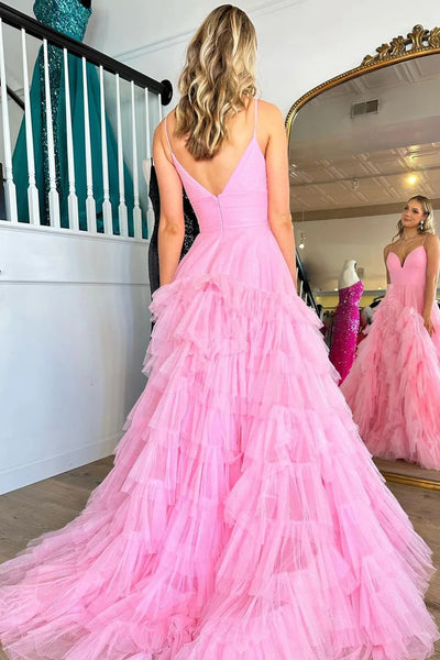 Light Pink Tulle Tiered A-Line Long Prom Dress VK23101406