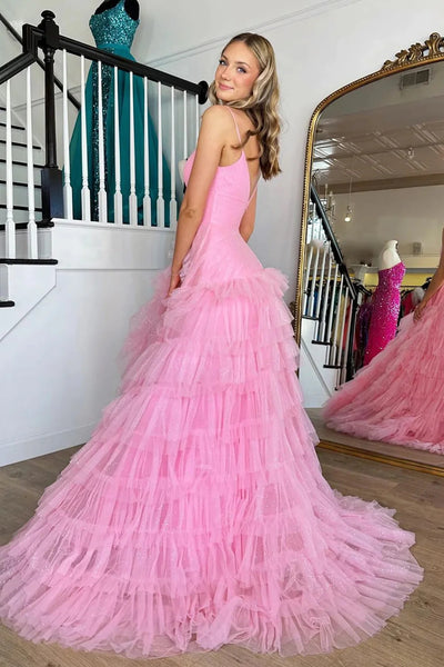 Light Pink Tulle Tiered A-Line Long Prom Dress VK23101406