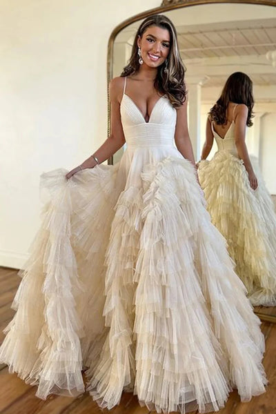 Light Pink Tulle Tiered A-Line Long Prom Dress VK23101406