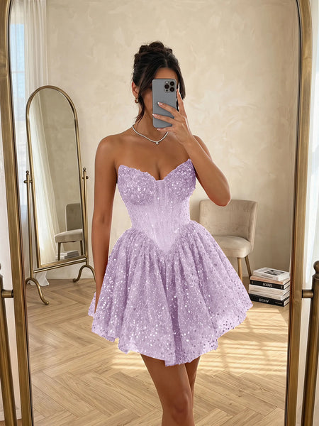 Sequin Strapless Sweetheart Mini Homecoming Dress with Ruffled Skirt