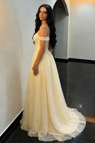 Off Shoulder Light Yellow Prom Gown With Glitter Pearls Tulle Skirt Formal Evening Gown