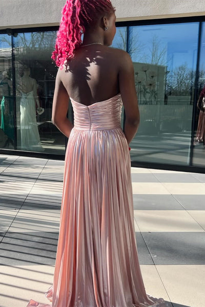 Fashion A Line Strapless Metallic Satin Pleated Prom Dresses with Slit