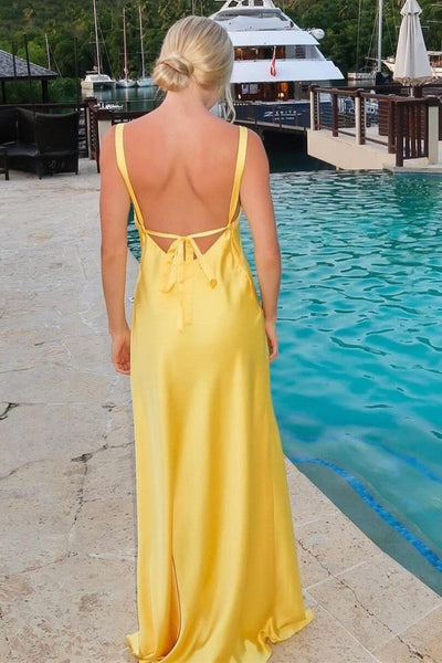 Sheath V-Neck Tie-Back Maxi Dress with Slit in Yellow