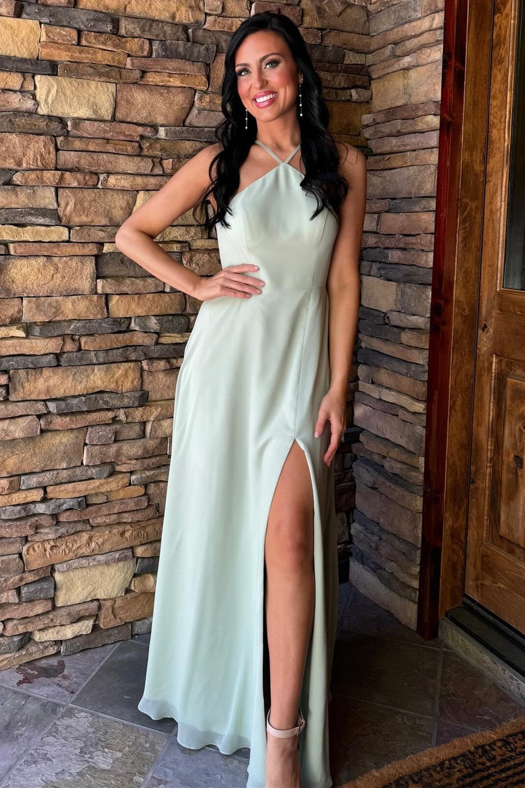 Simple A Line Sage Halter Chiffon Wedding Guest Dress with Slit