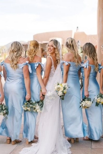Sheath Off-Shoulder Blue Silk Satin Long Bridesmaid Dress