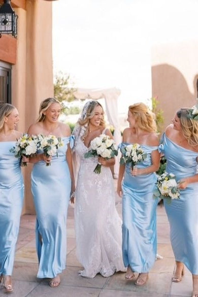 Sheath Off-Shoulder Blue Silk Satin Long Bridesmaid Dress