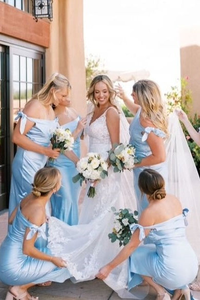 Sheath Off-Shoulder Blue Silk Satin Long Bridesmaid Dress