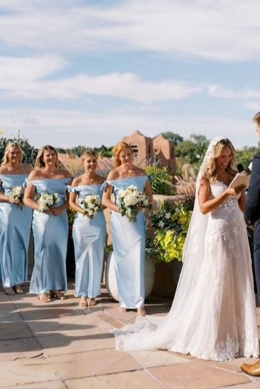 Sheath Off-Shoulder Blue Silk Satin Long Bridesmaid Dress