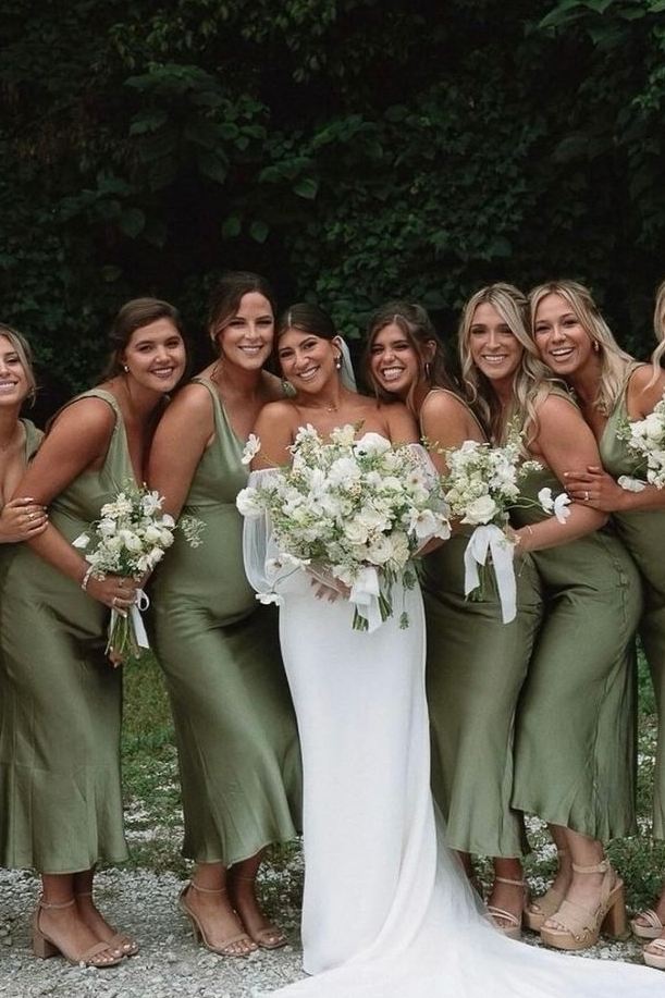 Chic Sheath Olive V Neck Straps Silk Satin Long Bridesmaid Dress