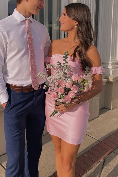 Pink Off-Shoulder Satin Scoop Neck Mini Homecoming Dress