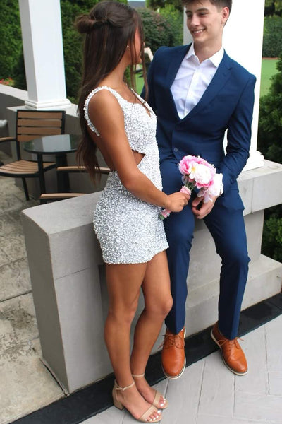 White Straps V-Neck Sleeveless Backless Beads Tight Homecoming Dress