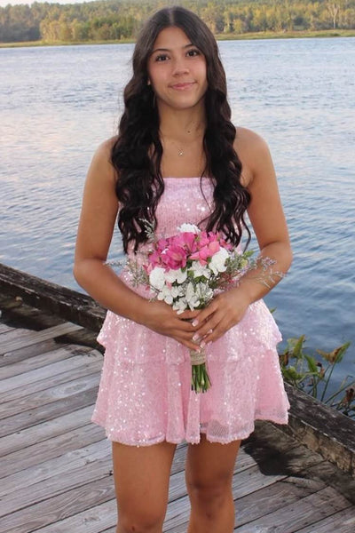 Glitter Pink A-Line Strapless Sequins Short Layered Homecoming Dress