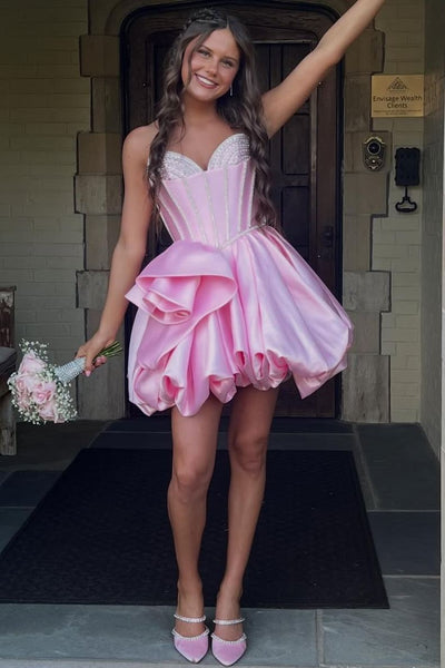 Cute Pink Strapless A-Line Ruched Empire-Waist Short Homecoming Dress