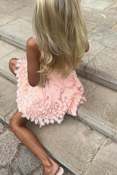 Empire A-Line Straps Square Neck Empire-Waist Lace Short Homecoming Dress