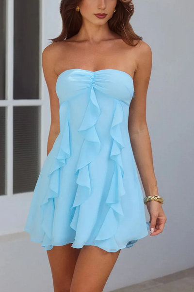 Blue Strapless A-Line Sleeveless Ruffles Chiffon Short Homecoming Dress