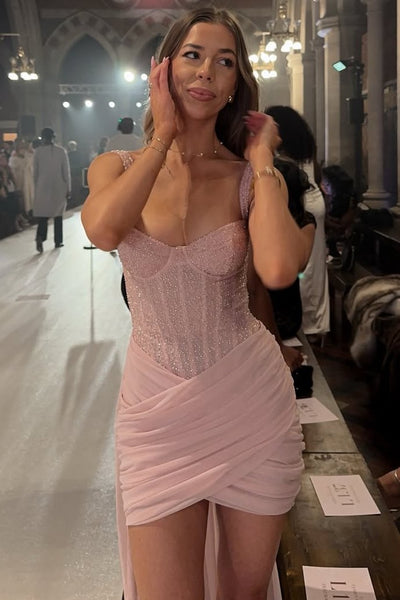Pink Straps Pleats Tight Sleeveless with Train Short Homecoming Dress