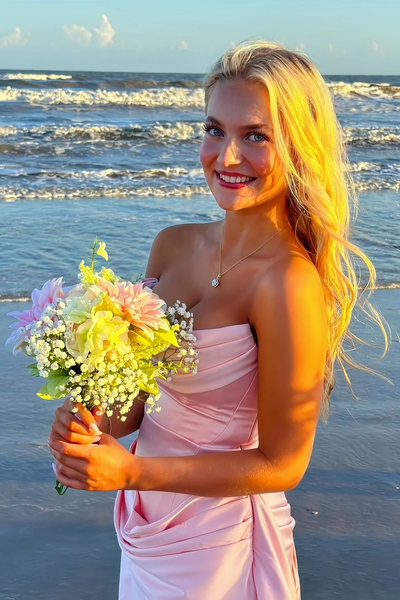 Pink Strapless Pleats Scoop Neck Satin Bodycon Short Homecoming Dress