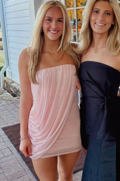 Pink Strapless Pleated Chiffon Bodycon Sleeveless Short Homecoming Dress