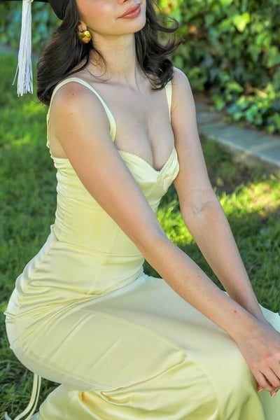 Yellow Double Straps Sweetheart Sleeveless Satin Long Prom Dress